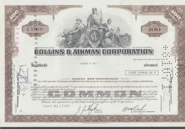 Collins & Aikman Corporation 100-share Stock Certificate 1971 auto cockpits