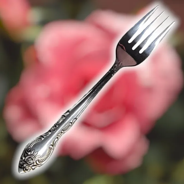 Vintage Rogers Stainless Steel Korea Cabbage Rose Floral Scroll Dessert Fork