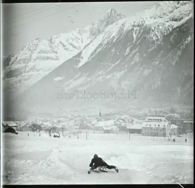 FRANCE Chamonix Luge ski Alpes Montagne Photo Stereo Plaque de verre c1920