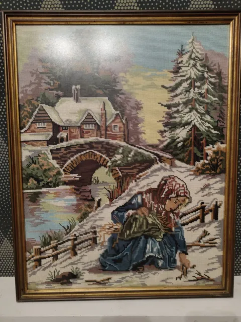 HUGE Framed Needlepoint Cross stitch Winter Scene Girl Countryside Tapestry VGC