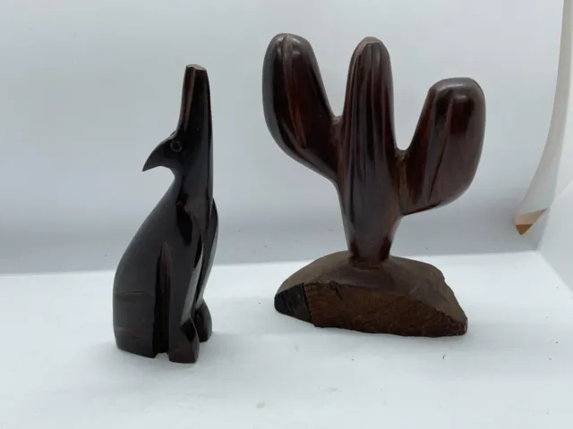 6.5" Tall Wooden Carved Cactus & Howling Coyote Figures Sculpture