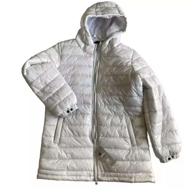 Women's Silver Swiss Tech Hooded Mid Length Puffer Jacket size L (12-14) NEW