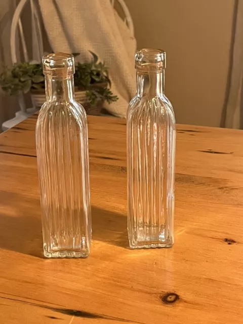 Set Of 2 Ribbed Glass Bottles/Bud Vases, 8.25”H