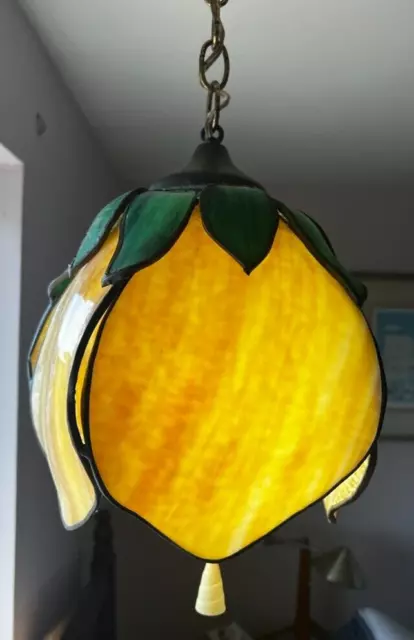 Tulip Swag Hanging Lamp Yellow Petals Green Leaves VTG 1970s Plastic Faux Glass