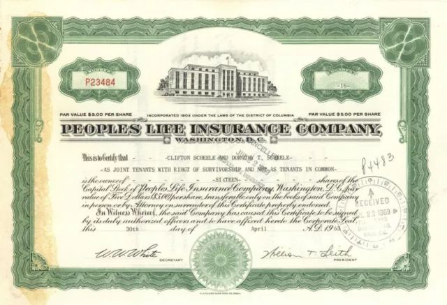 Peoples Life Insurance Co. - Stock Certificate - General Stocks