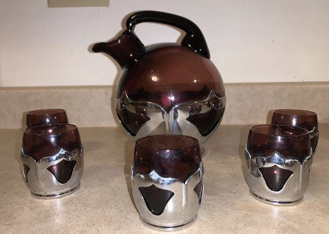 Cambridge Farber Bros Krome Kraft Amethyst Decanter Ball Pitcher 5 Cordials