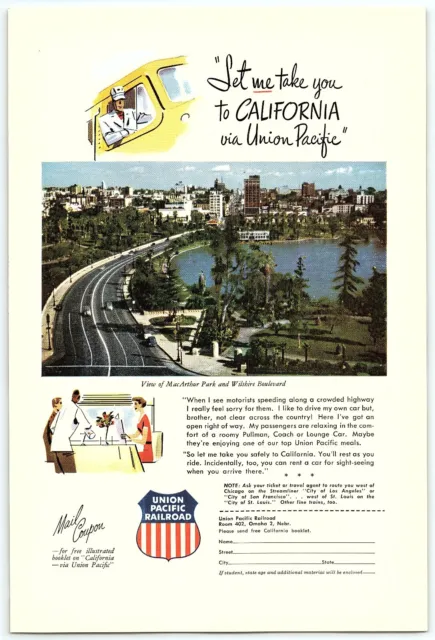 1940s UNION PACIFIC RAILROAD MacARTHUR PARK WILSHIRE BOULEVARD PRINT AD Z4347