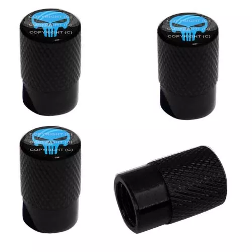 4 Black Billet Knurled Tire Wheel Valve Caps Car Truck BLUE PUNISH SKULL BK071