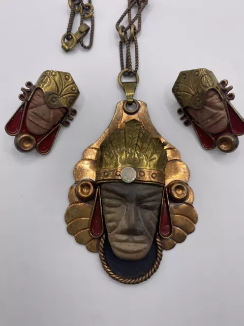 Antique 30’s Diaz Santoyo MIxed Metals Mexico Aztec Shaman Face Set Pendant Necl