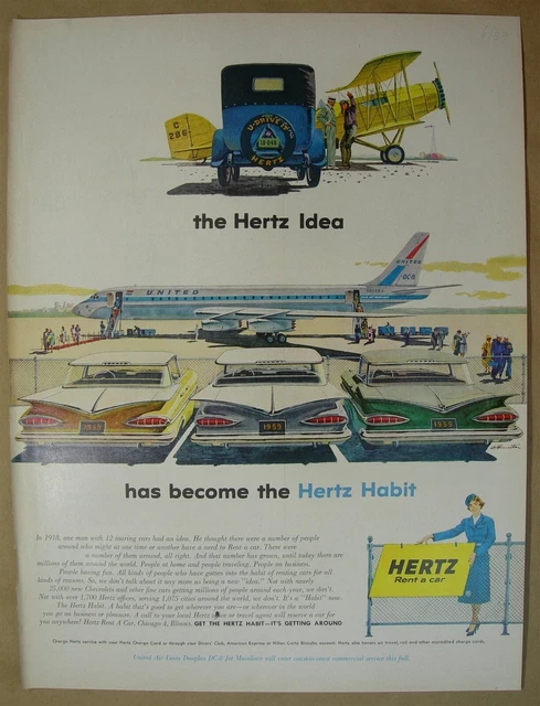 1959 Big ad- Hertz Rent a car United Douglas DC-8, Bulova diamond watches