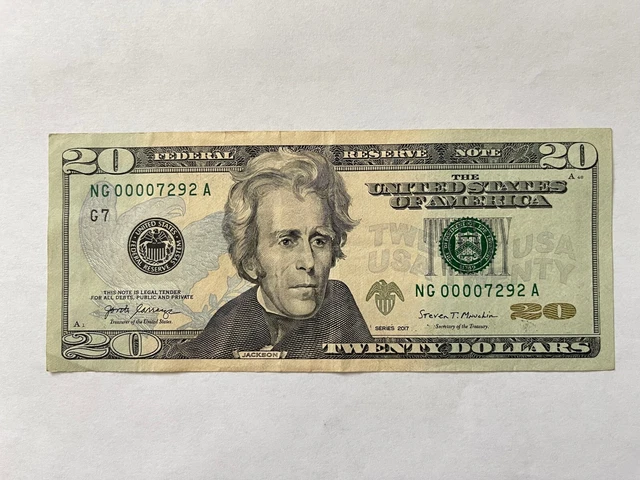 20 Dollar Bill 2017 Series Low Serial Number 00007292
