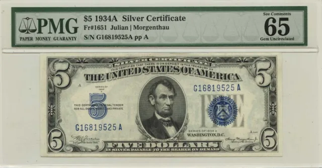 1934A $5 Silver Certificate Blue Fr# 1651 PMG Gem 65 EPQ