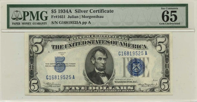 1934A $5 Silver Certificate Blue Fr# 1651 PMG Gem 65 EPQ