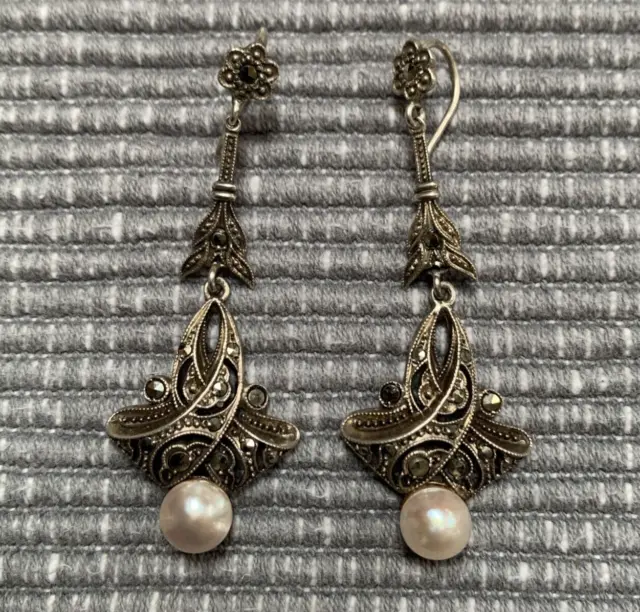 Vintage Art Nouveau Style Silver Tone Marcasite Pierced Pearl Drop Earrings.