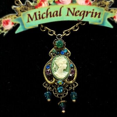 Michal Negrin Necklace Victorian Cameo Pendant Long With Swarovski Crystals Gift