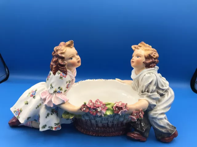 Capodimonte Carlo Mollica Majolica Girl & Boy Basket with flowers Planter