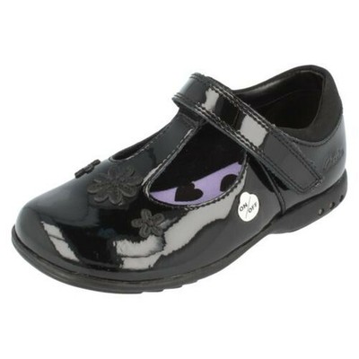 CLARKS Trixi beau filles noires vernies Light Up Smart Barre en T Chaussures Cuir UK 7 H 