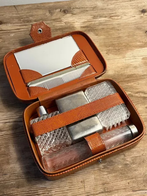 Ancienne Mallette De Voyage Trousse De Toilette Homme En Cuir - Style Vintage, Noir, 4 Pièces