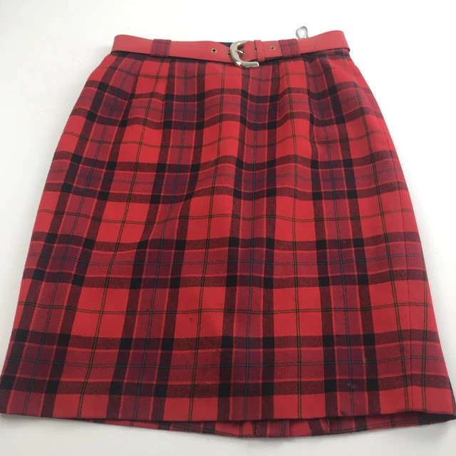 BIANCA SKIRT 10 RED BLACK Plaid Tartan Belted MIDI Pencil Retro