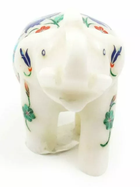 2.5& WHITE MARBLE Elephant Statue Lapis Multi Gemstone Floral Work Art ...