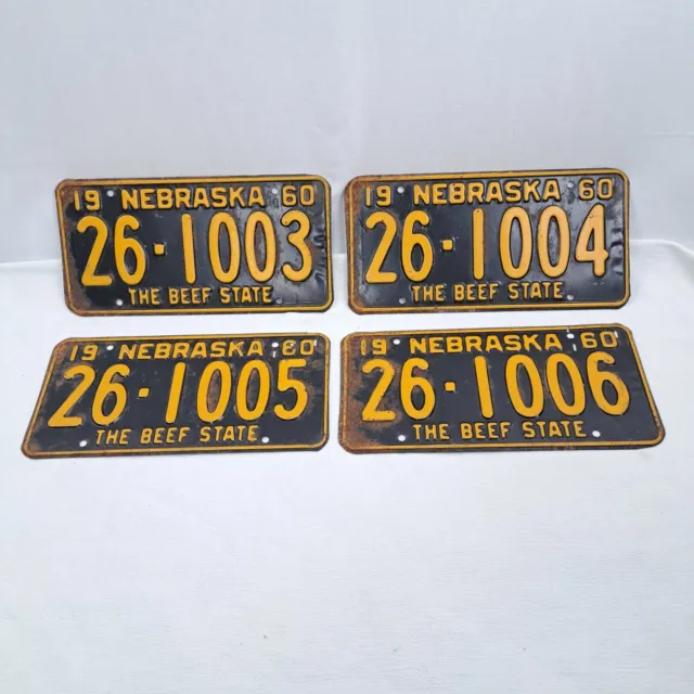 NEBRASKA 1960 The Beef State Sequential 26-1003 26-1006 Lot Of 4 License Plates