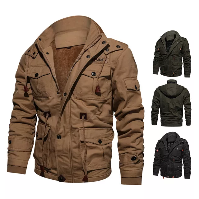 Men Overcoats Winter Fleece Lined Jacket Casual Tactical Hooded Coat Outwear&