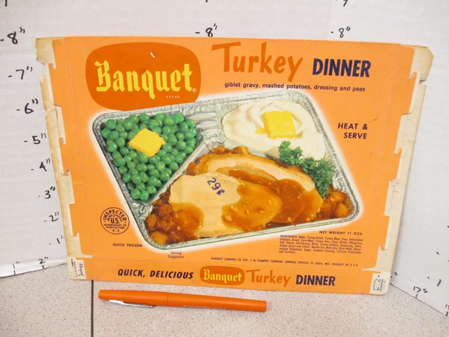 Banquet TV DINNER box TURKEY peas potatoes early 1960s frozen food Glamakote