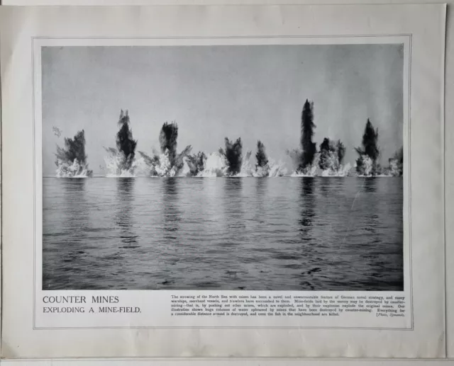 1915 Ww1 Print & Text Counter Mines Exploding A Mine Field In The North Sea