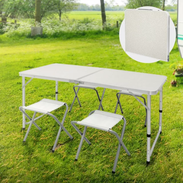 Mesa plegable aluminio con 4 sillas para camping picnic 120cm color blanco/crema