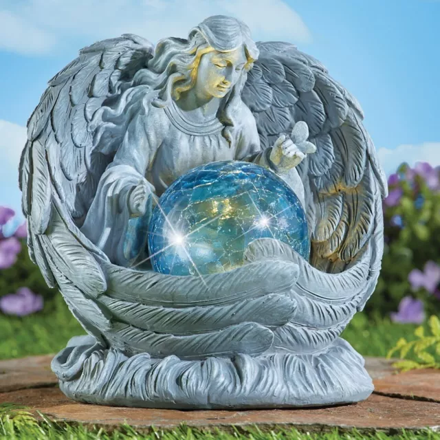 Solar Lighted Angel w/ Crackled Glass Gazing Ball Outdoor Garden Statue