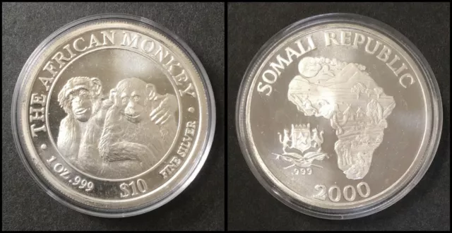 2000 Somali Republic $10 The African Monkey 1oz .999 Fine Silver Coin in Capsule