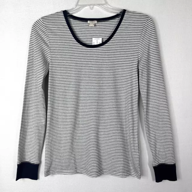 J Crew Factory Tee Tshirt S Gray Stripe Navy Trim Long Sleeve Casual Thin NEW