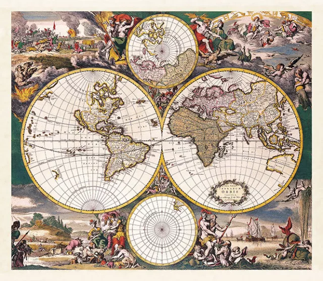 Map of the World Double Hemisphere Polar 1668 A1+ High Quality Canvas Art Print