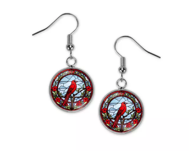Red Cardinal Stained Glass Art Earrings Silver Dangle Glass Charm Pick One