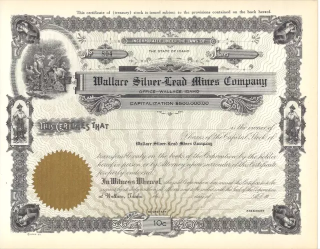 Original Wallace Silver-Lead Mines Co. Stock Certificate Wallace Idaho miners
