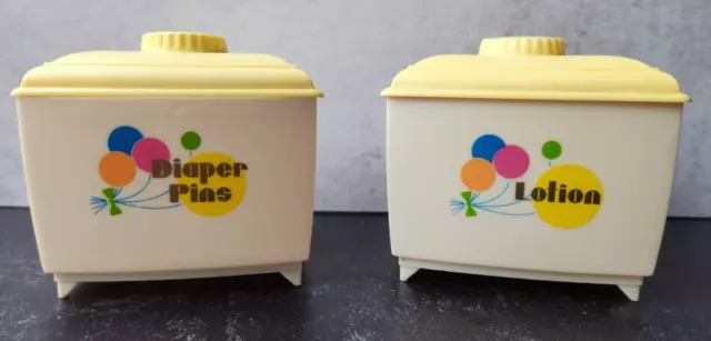 Vtg Nursery Needs Nursery Jar Set Canister Set Retro Lotion Diaper Pins Plastic