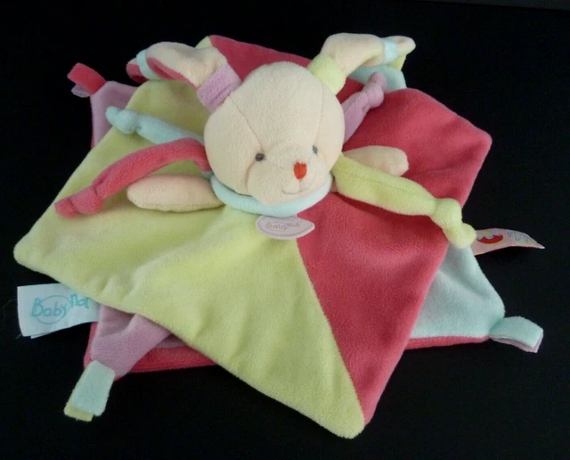 43 DOUDOU PLAT BABY NAT LAPIN GOURMANDISE rose vert bleu mauve carré ETAT NEUF *