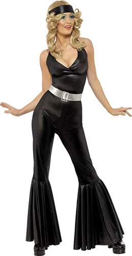 (S) - 70s Diva Costume Black with Catsuit Headscarf and Belt, Small. Smiffys