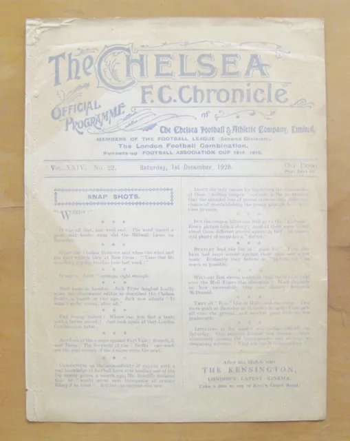 CHELSEA v LEICESTER CITY Reserves 1928/1929 *Good Condition Football Programme*