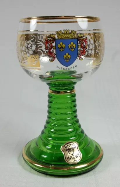 Vintage Wittig Hadamar 1919 Goblet Green Glass Stem Wiesbaden Crest Gold Design