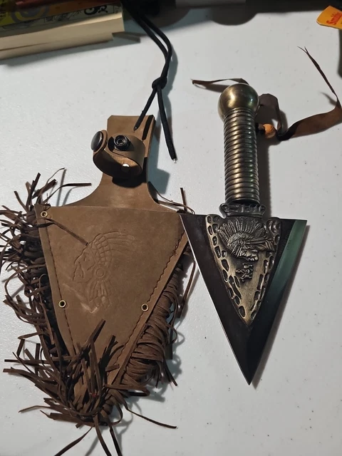 Knife Native American Etchings, Comes with Fringed Leather Sheath 