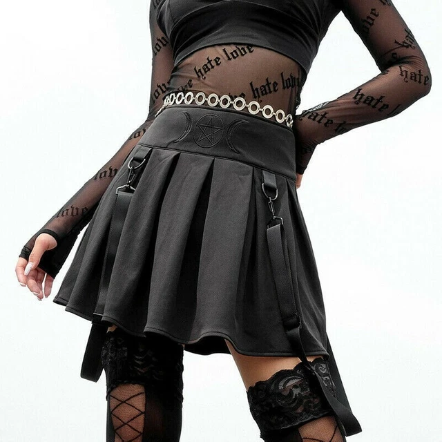 Donna Gonna a Pieghe Gotico Punk Ricamo Solid Corto Gonne Tutore Vestito da Club