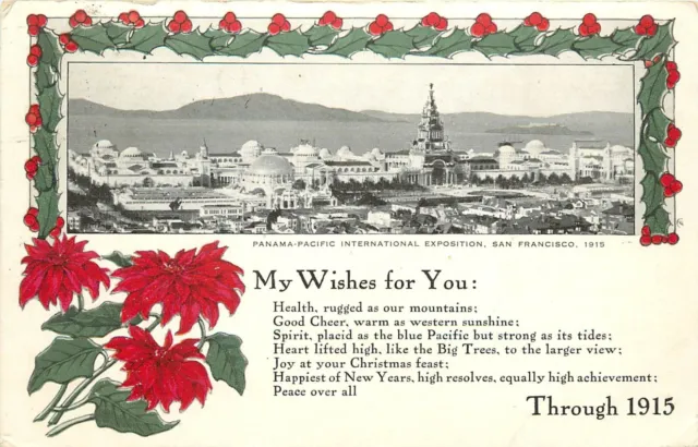 c1914 Postcard PPIE Scene Christmas Wishes Poinsettia Ad for Southern Pacific RR