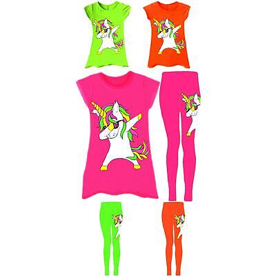 Girls Unicorn Dress Neon Stretchy Leggings Dab Swing Dresses T-Shirt 5-13 Years