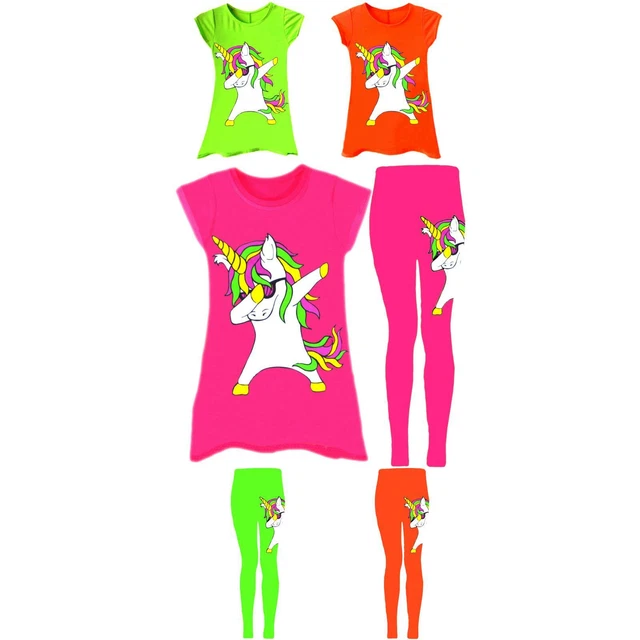 Girls Unicorn Dress Neon Stretchy Leggings Dab Swing Dresses T-Shirt 5-13 Years
