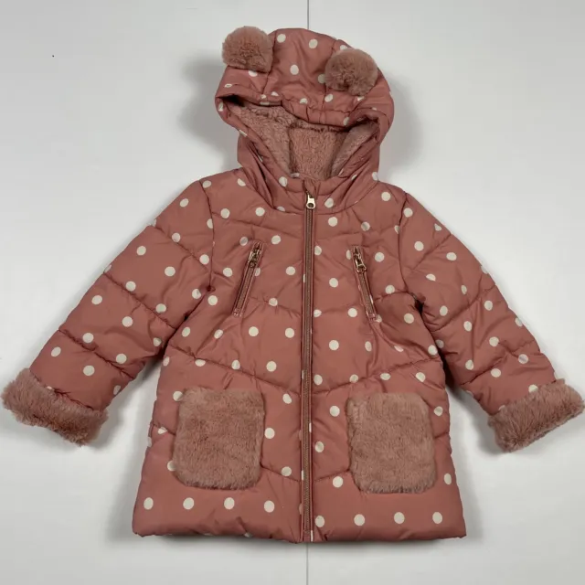 Girls Puffer Jacket 18-24 Months Pink Polka Hooded Coat Pockets Faux Fur Lined