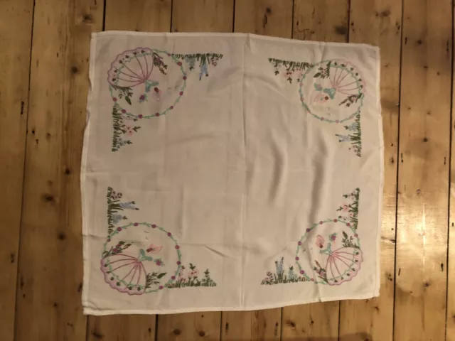 Vintage Hand Embroidered Floral Lady  Linen Tablecloth