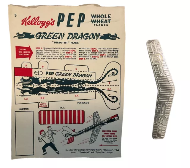 Kelloggs Pep Green Dragon Turbo Jet Plane & Wings c1940s Cereal Promo Advert ZP