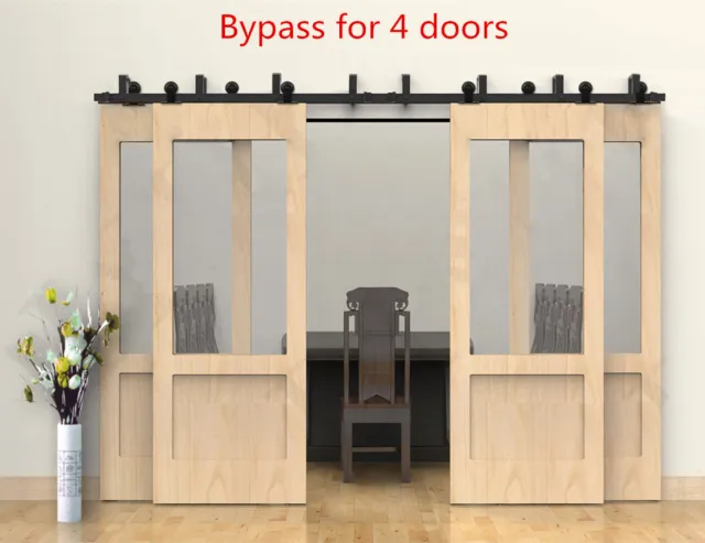 8-20FT Black Sliding Barn Wood Door Hardware Closet Track Kit For Bypass 4 Doors