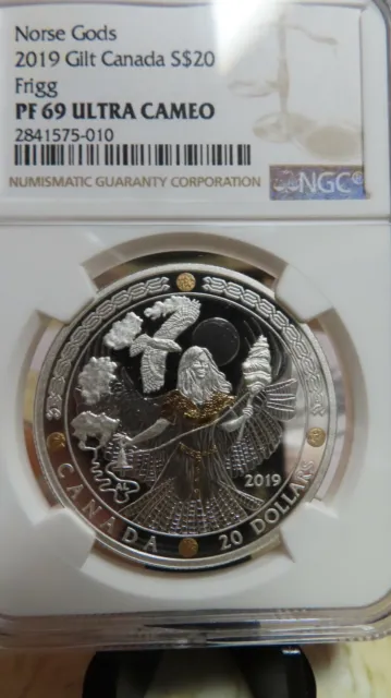 2019 Canadian $20 Norse Gods: Frigg - 1 oz Fine Silver Gold-plated Coin NGC PR69 2